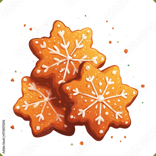 Vector illustration of festive gingerbread cookies in snowflake shape with icing details, isolated on a white background. Vector illustration of winter dessert on white background