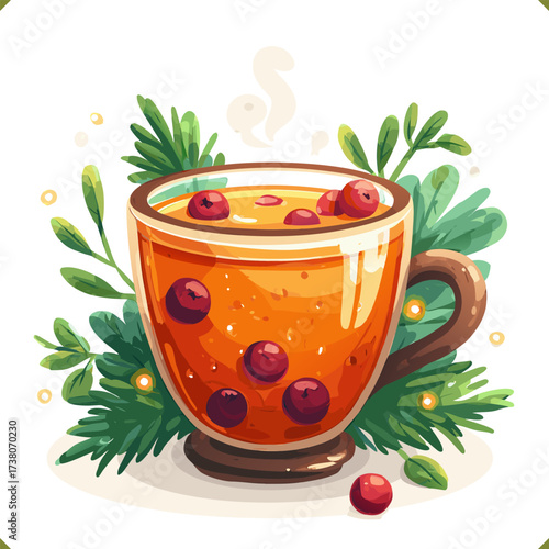 Vector illustration of festive glass mug with hot berry drink and cranberries, decorated with fir branches, isolated on a white background. Vector illustration of winter beverage on white background