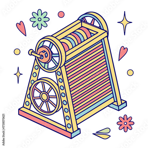 Colorful vintage machine with wheels and stripes mechanical device