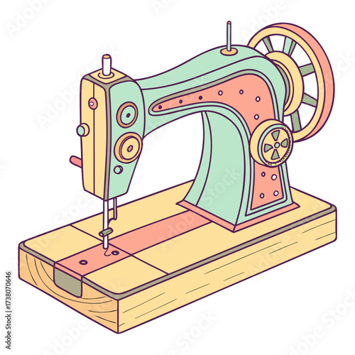 Colorful vintage sewing machine on wooden base retro