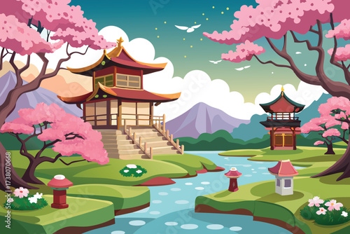 Japanese Landscape with Temples Cherry Blossoms Serene River and Distant Mountains