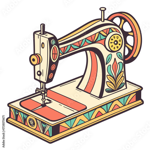 Colorful vintage sewing machine with decorative patterns
