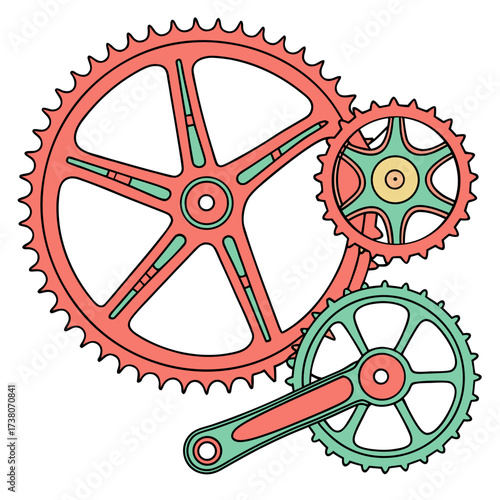 Coral and teal bicycle gears and crankset vector bicycle crankset