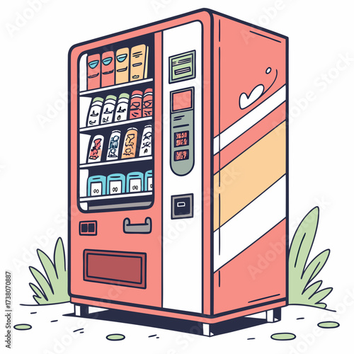 Coral and yellow striped vending machine with drinks