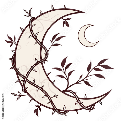 Crescent moon entwined with thorny vines and leaves 2