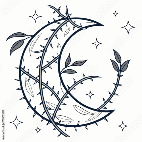 Crescent moon entwined with thorny vines and leaves 1