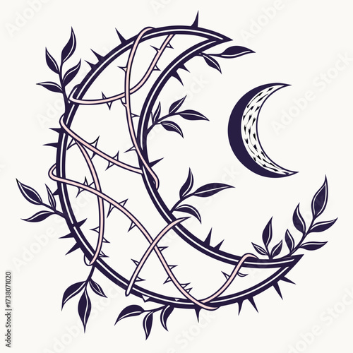 Crescent moon entwined with thorny vines and leaves 3