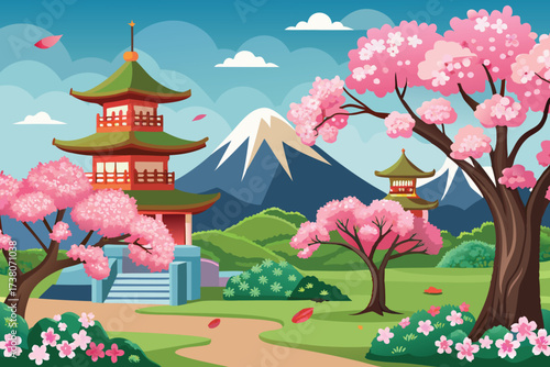 Japanese Landscape with Pagodas, Blossoming Trees, Pond, and Distant Mountains