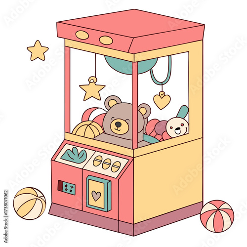 Cute cartoon claw machine with teddy bear and toys