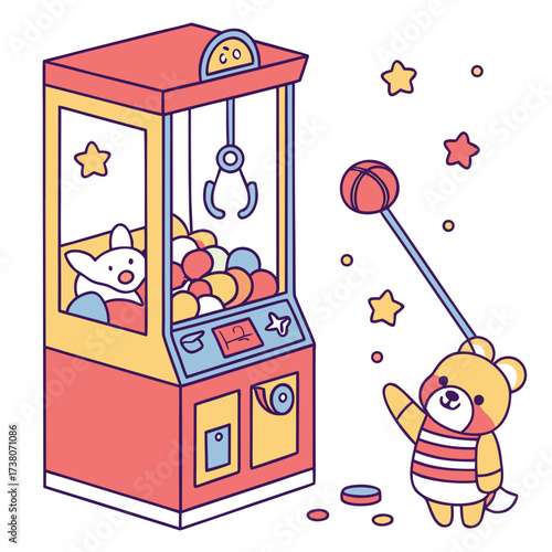 Cute cartoon bear playing with claw machine vector