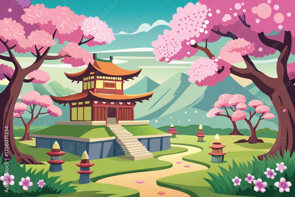 Fototapeta premium Japanese Landscape with Pagodas, Blossoming Trees, Pond, and Distant Mountains