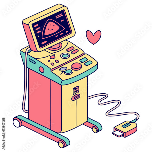 Cute ultrasound machine with baby image and heart medical