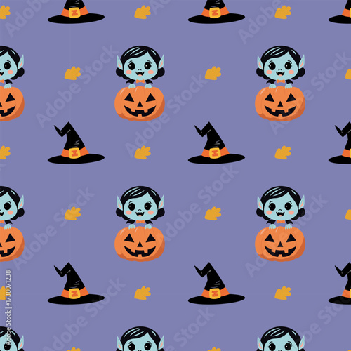 A funny Halloween pattern with a little vampire in a pumpkin and witch hats on a purple background.