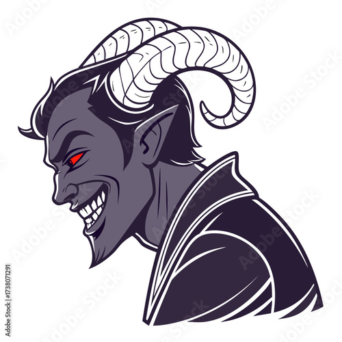 Dark demon with glowing red eyes and ram horns devil