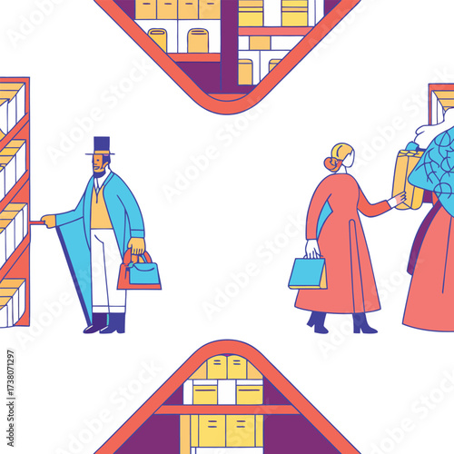 Cartoon vector of a family with a man shopping near a house