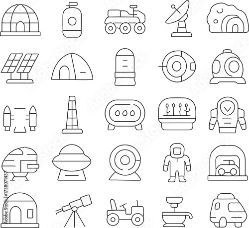 A collection of sleek, minimalist line art icons captures the essence of space exploration, futuristic technology, and cosmic discovery.