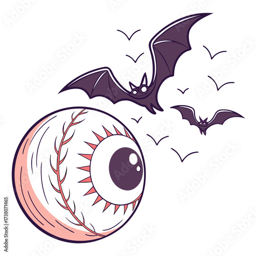Eyeball with flying bats and abstract lines dark purple