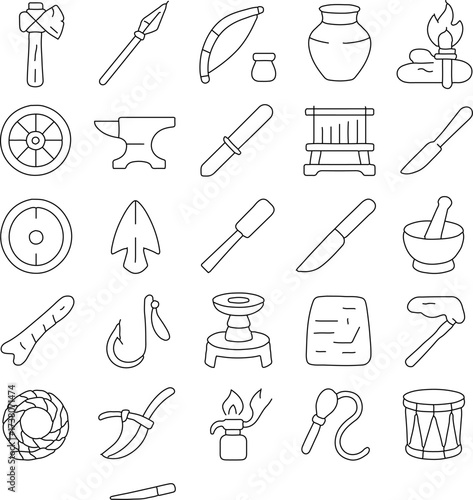 A detailed and structured illustration of a set of essential historical and cultural artifacts. These icons, rendered with clean lines, evoke a sense of history and craftsmanship.