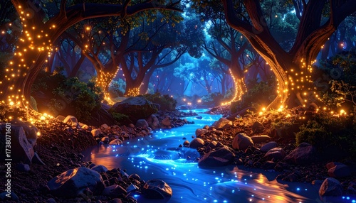 Magical Forest Stream with Glowing Lights, and Fantasy Landscape. (1)