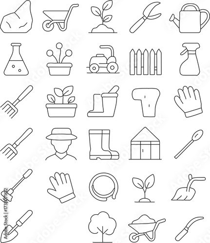 An icon set capturing the essence of gardening tools, representing the simplicity and elegance of the craft, showcasing each item's unique form and purpose. 
