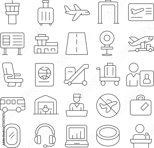 A collection of detailed line art icons showcases various elements, each symbolizing the essential aspects of travel and transportation, with a focus on functionality and clarity.