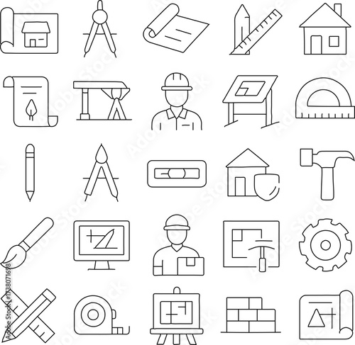 A meticulously curated collection of line icons related to architecture, construction, and design, perfect for projects focused on buildings, infrastructure, or related themes.