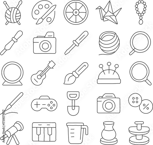 A collection of creative, artistic and craftsmanship related icons are arranged in a neat and tidy manner. Showcasing the versatility and diversity of hobbies.