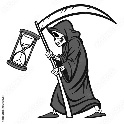 Grim Reaper holding hourglass and scythe skeleton death