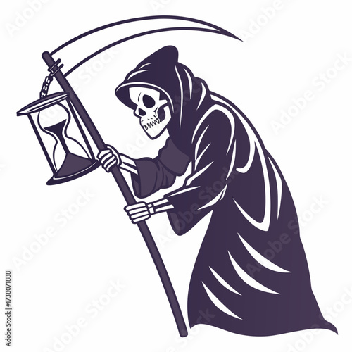 Grim Reaper holding hourglass scythe on white background