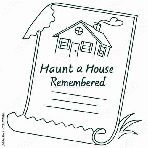 Hand drawn scroll with house and text paper drawing
