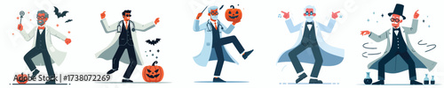 vector of a man in a professor costume dancing at a Halloween celebration