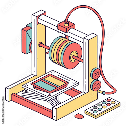 Isometric 3d printer with colorful details and control panel