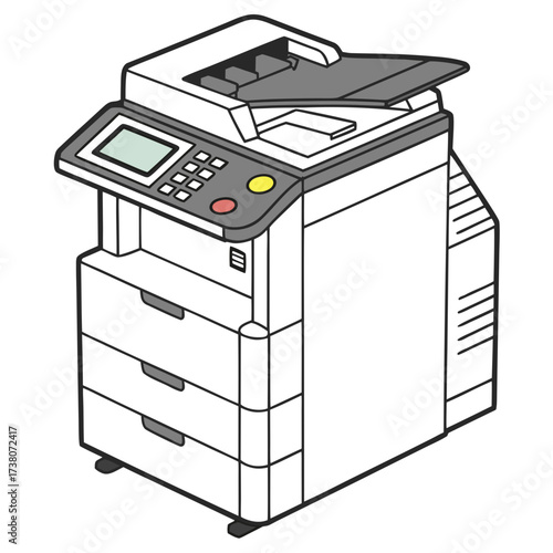 Isometric illustration of a modern office copier with colorful buttons