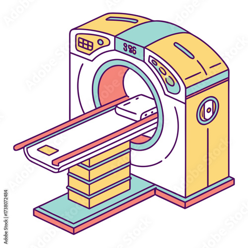 Isometric medical scanner with pastel colors and purple outline