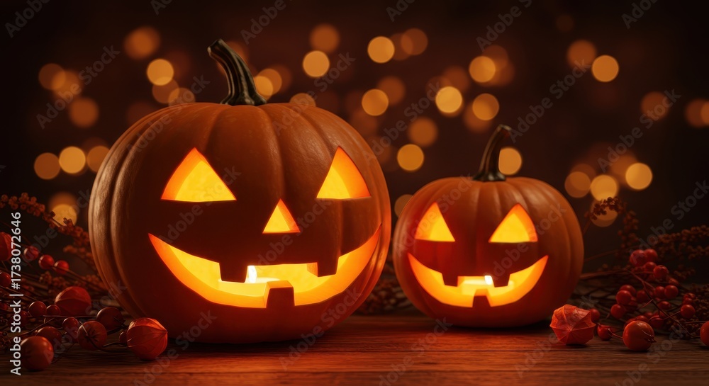 Fototapeta premium Two glowing carved Halloween pumpkins on a wooden surface with bokeh lights