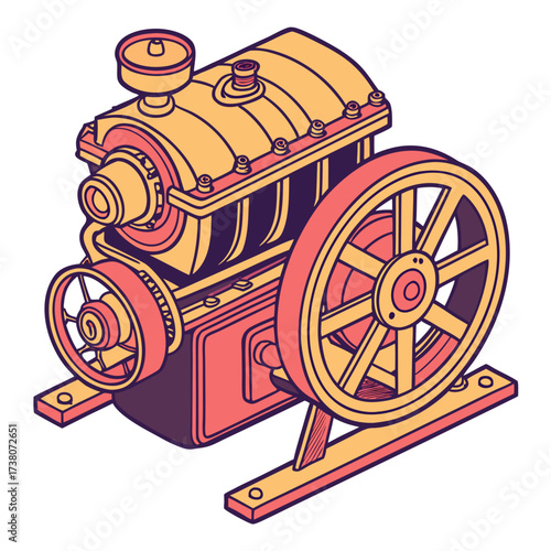 Isometric vintage engine with large wheels and radiator