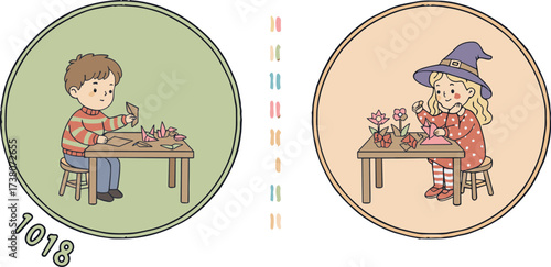 Children doing origami craft, flat vector illustration, creative kids activity, paper folding art, colorful design, cartoon style, educational drawing, cad drawing flat vector illustration