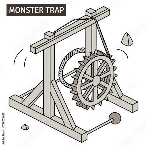 Isometric wooden monster trap with spiked wheel wooden trap