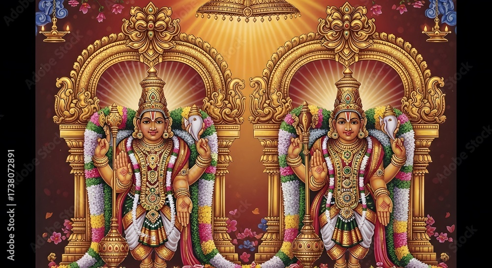 Obraz premium Colorful Traditional Hindu Deities Statues with Ornate Gold Decorations in Religious Setting