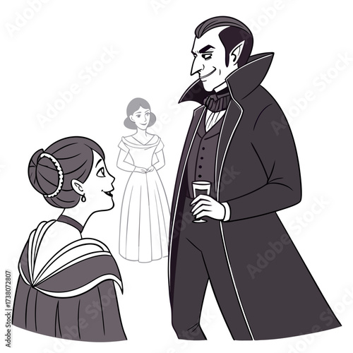 Man in tuxedo holding drink talks to woman at masquerade