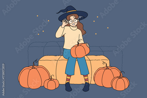 Charming illustration of a delightful witch with pumpkins in a beautiful fall scene