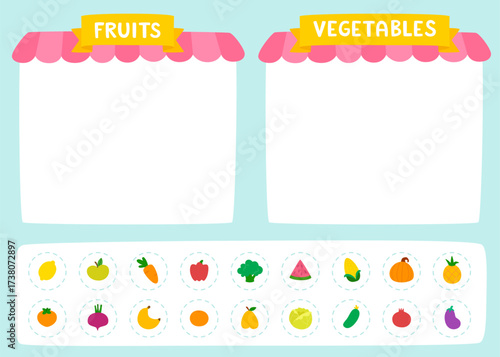 Market matching game for kids with fruits and vegetables. Cute cartoon mini game with food.