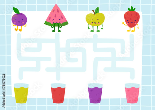 Cute maze for kids with fruits and berries. Cartoon labyrinth mini game with fruits.