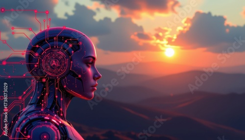 Wallpaper Mural Futuristic Humanoid Robot with Sunset Scenic Background Torontodigital.ca