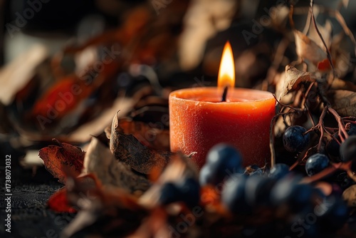 Burning orange candle with autumn leaves and berries close up
