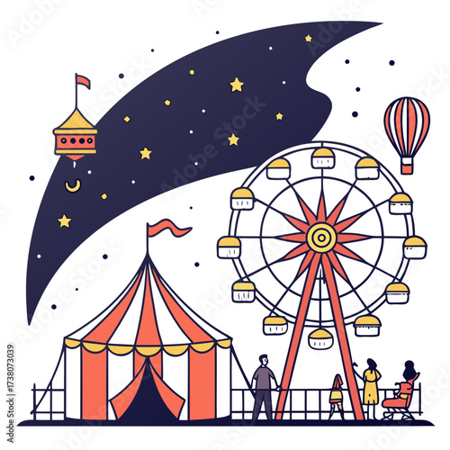 Night carnival with Ferris wheel and circus tent hot air balloon