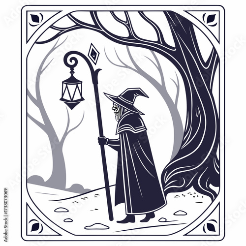 Old wizard with staff and lantern in spooky forest