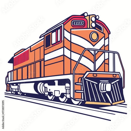 Orange diesel locomotive engine on railway tracks vector