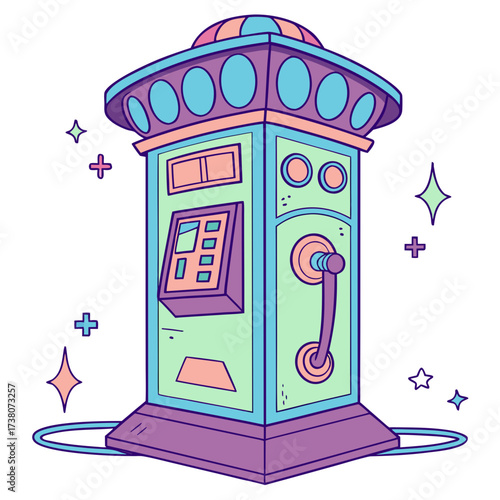 Pastel fantasy teleportation machine with glowing stars