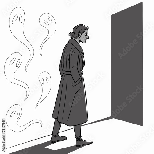 Person in trench coat facing doorway with ghosts specter
